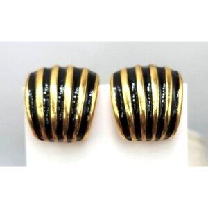 Gold Tone & Black Striped Clip On Curved Square Earrings - Vintage